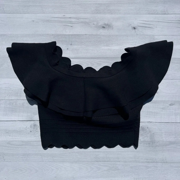 Endless Rose Black Ruffle Off the Shoulder Eyelet Crop Top with Scalloped Edge S - Picture 5 of 10